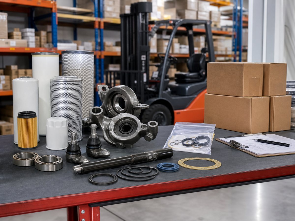 Forklift parts dispatch bench in a warehouse
