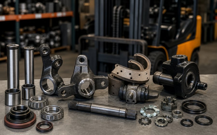 Forklift steering, brake, axle and driveline components