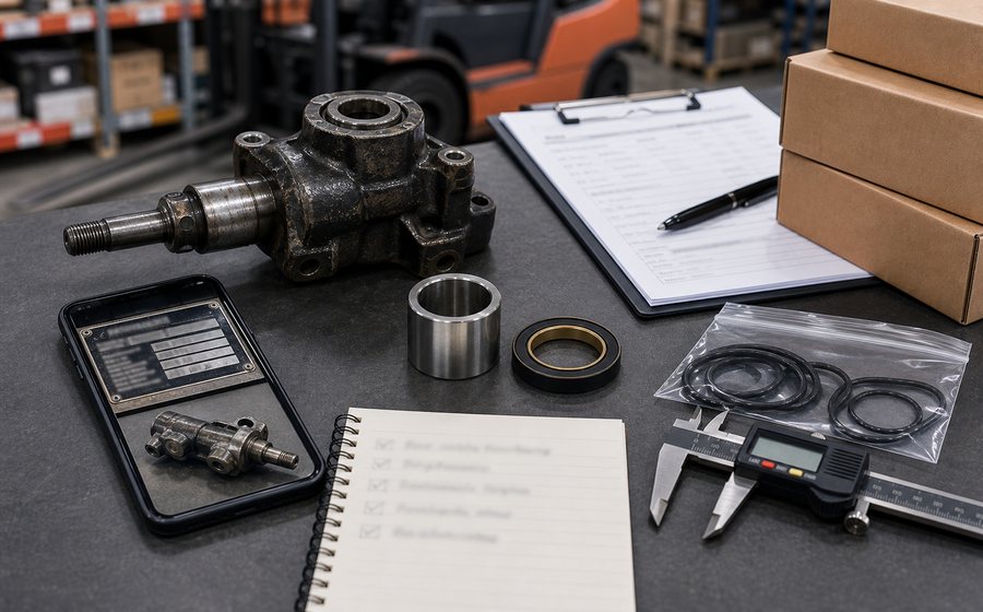 Forklift part, data plate photo and quote details ready for fitment checking